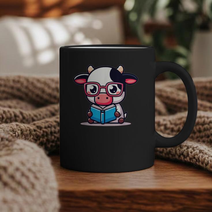 Adorable Book Lover Cow With Reading Glasses Cute Graphic Print Coffee Mug