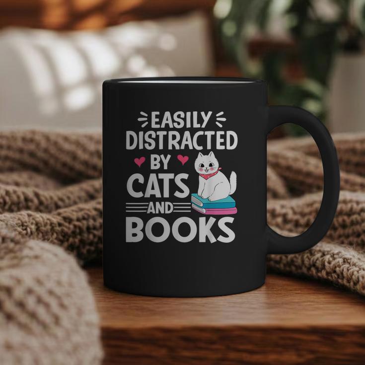 Easily Distracted By Cats And Books Cute Cat And Book Lovers Graphic Print Coffee Mug