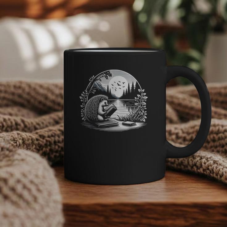 Hedgehog Reading Book Full Moon Lake Scenery Graphic Print Coffee Mug