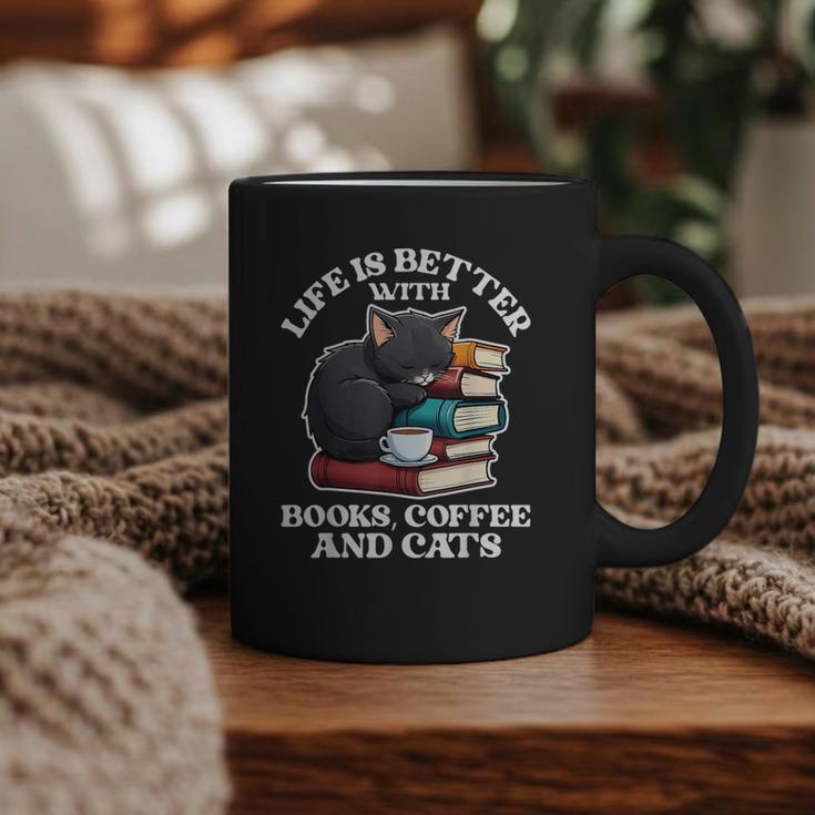 Life Is Better With Books Cats & Coffee Librarian Book Lover Graphic Print Coffee Mug