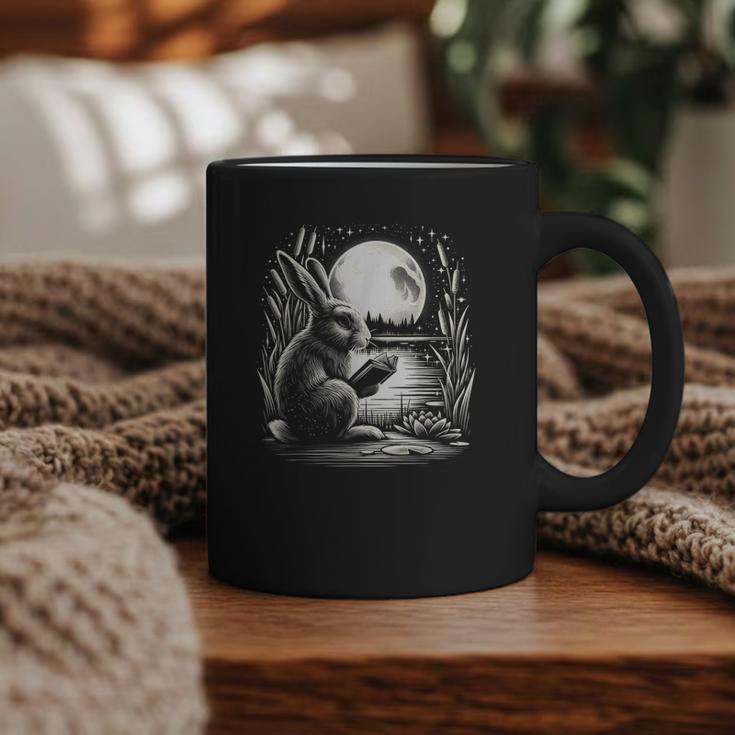Rabbit Reading Book Full Moon Lake Scenery Graphic Print Coffee Mug