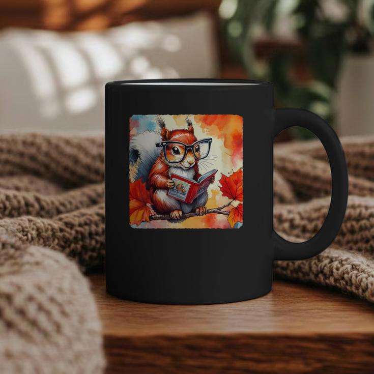 Squirrel Reading Comic Book On Autumn Branch Glasses Leaves Graphic Print Coffee Mug
