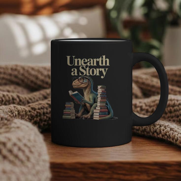 Unearth A Story Dinosaur Reading a Library Book Graphic Print Coffee Mug