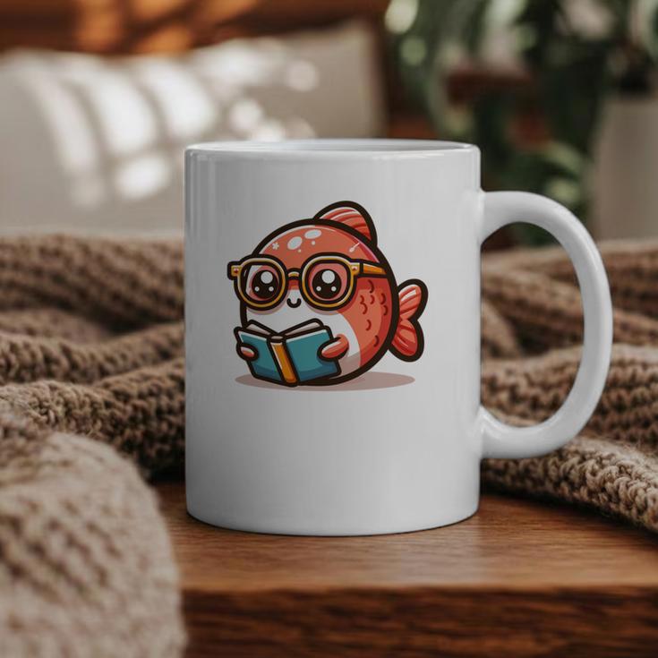 Adorable Book Lover Salmon With Reading Glasses Cute Graphic Print Coffee Mug