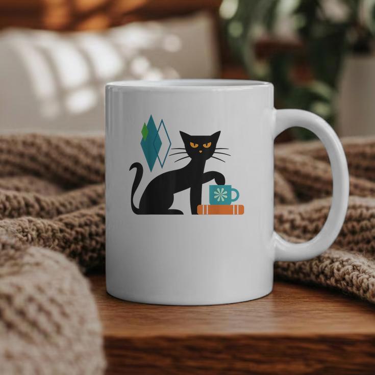 Cat Midcentury With Book And Coffee Atomic Age Mid Century Graphic Print Coffee Mug