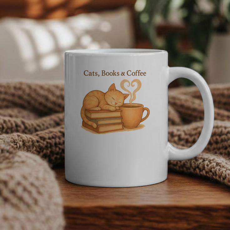 Cats Books And Coffee Heart Cozy Cat Lover Bookworm Readers Graphic Print Coffee Mug