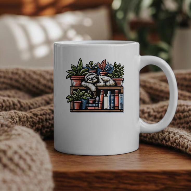 Cosy Sloth In Bookshelf With Plants Graphic Print Coffee Mug