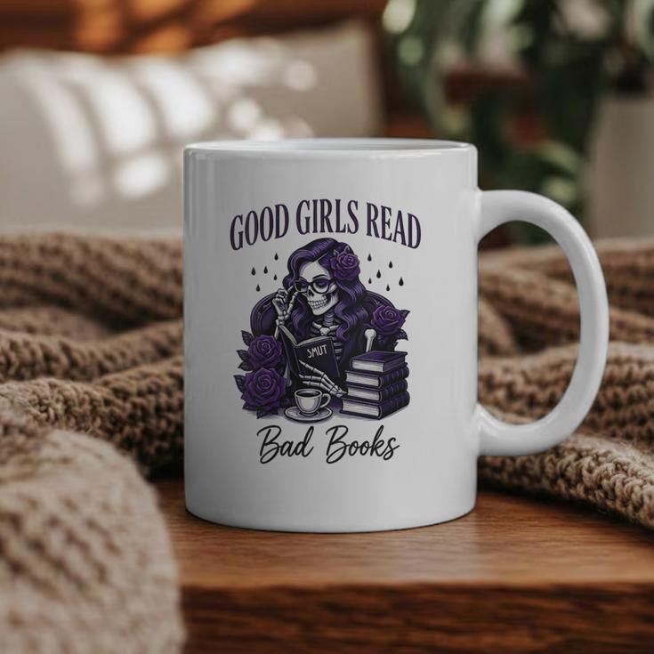 Good Girls Read Bad Books Sarcastic Skeleton Goth Skull Graphic Print Coffee Mug