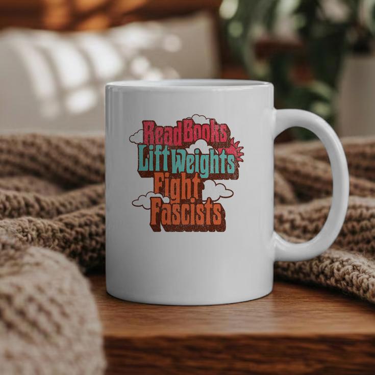 Read Books Lift Weights Fight Fascists Reading No Kings Premium Tri-Blend Graphic Print Coffee Mug