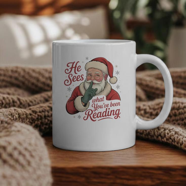 He Sees What You'Ve Been Reading Bookish Christmas Humor Graphic Print Coffee Mug