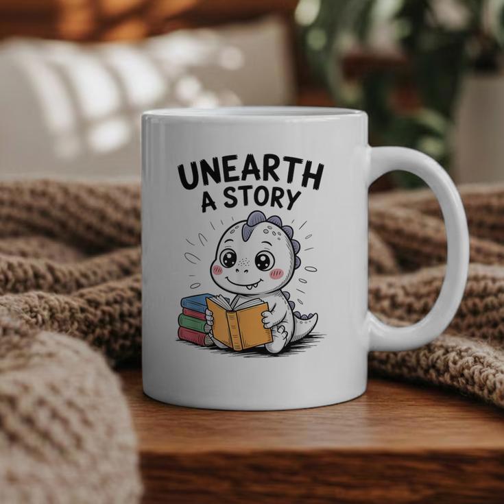 Unearth a Story Cute Dinosaur Summer Reading 2026 Dino Book Graphic Print Coffee Mug