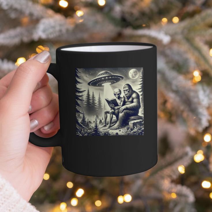 Bigfoot With Alien Reading A Book Bigfoot And UFO Graphic Print Coffee Mug Bigfoot With Alien Reading A Book Bigfoot And UFO Graphic Print Coffee Mug