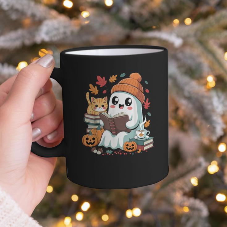 Cute Cozy Ghost Reading With Cat Book Lover Autumn Fall Graphic Print Coffee Mug