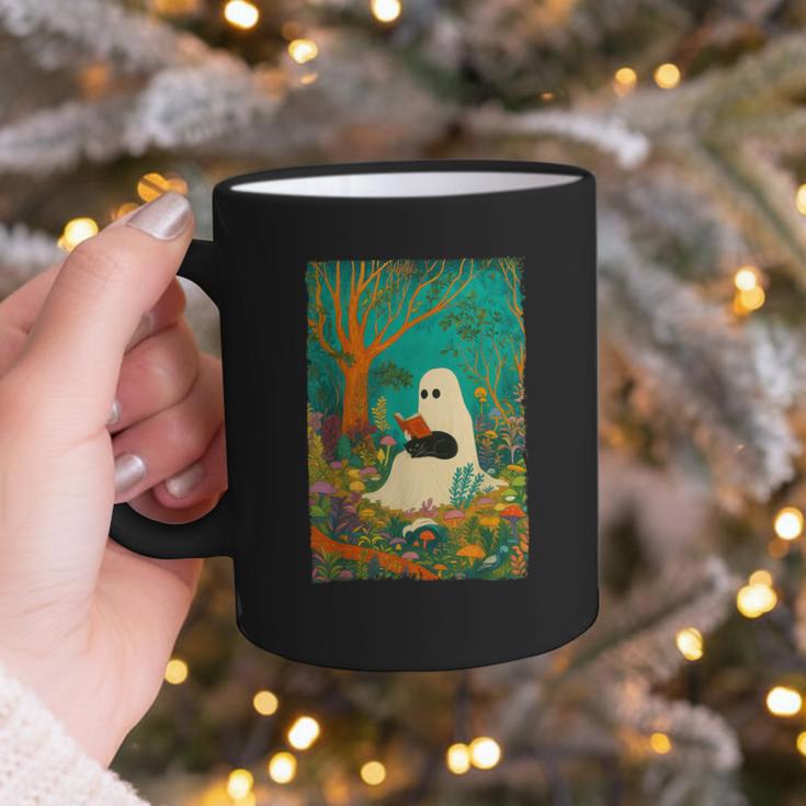 Groovy Ghost Reading Book Cat Halloween Ghost Teacher Graphic Print Coffee Mug