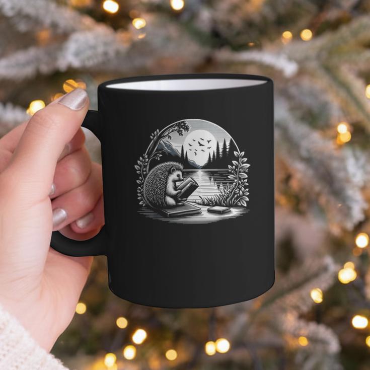 Hedgehog Reading Book Full Moon Lake Scenery Graphic Print Coffee Mug