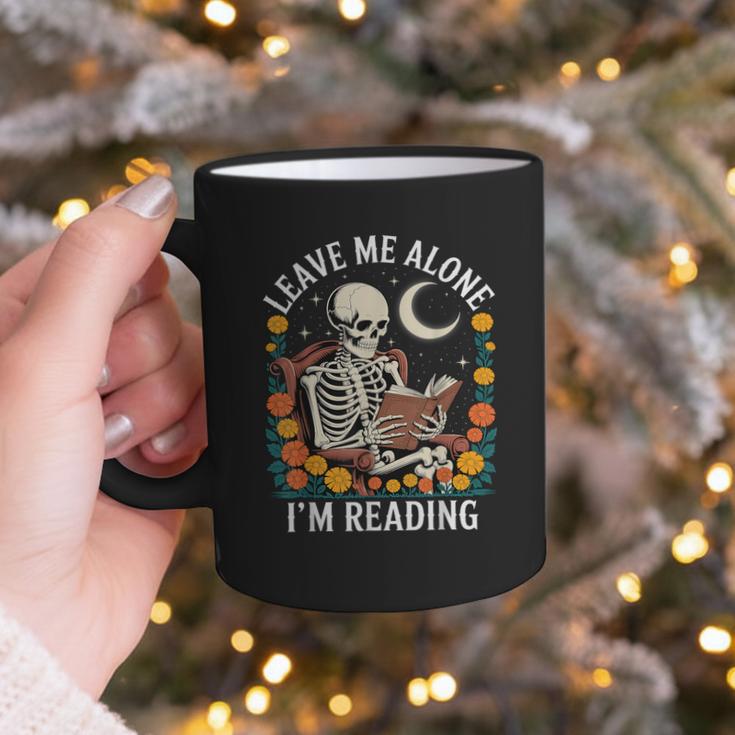 Leave Me Alone Skeleton Reading Book Floral Moon Librarian Graphic Print Coffee Mug