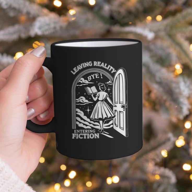 Retro Trendy Bookish Book Lover Reading Quotes Leaving Reality Entering Fiction -Adults Small Short Sleeve T-Shirt Graphic Print Coffee Mug