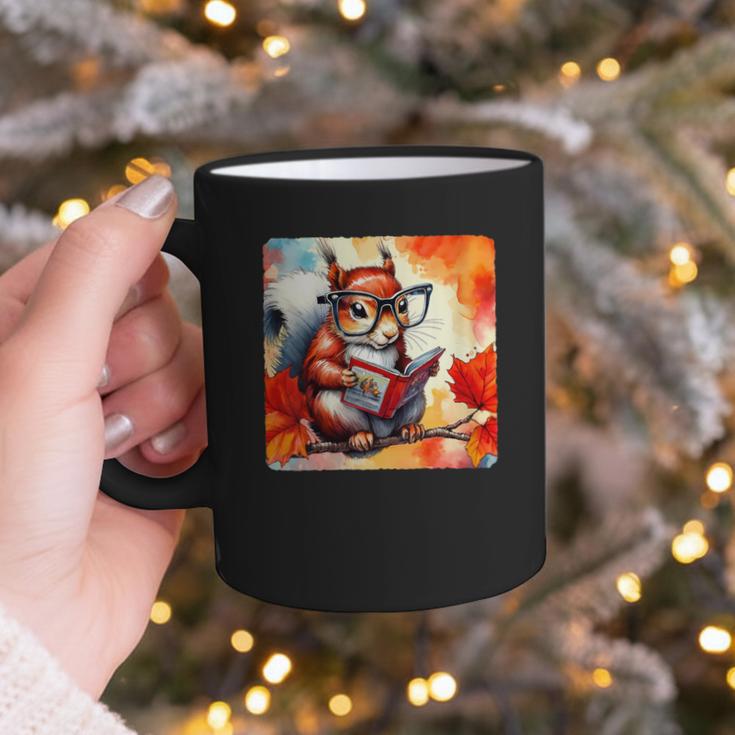 Squirrel Reading Comic Book On Autumn Branch Glasses Leaves Graphic Print Coffee Mug
