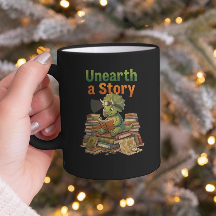 Unearth a Story Triceratops Dinosaur Reading Books Cute Dino Graphic Print Coffee Mug