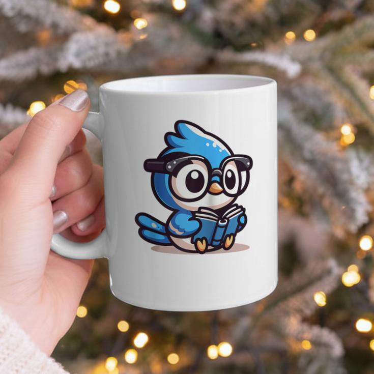 Adorable Book Lover Blue Jay With Reading Glasses Cute Raglan Baseball Tee Graphic Print Coffee Mug