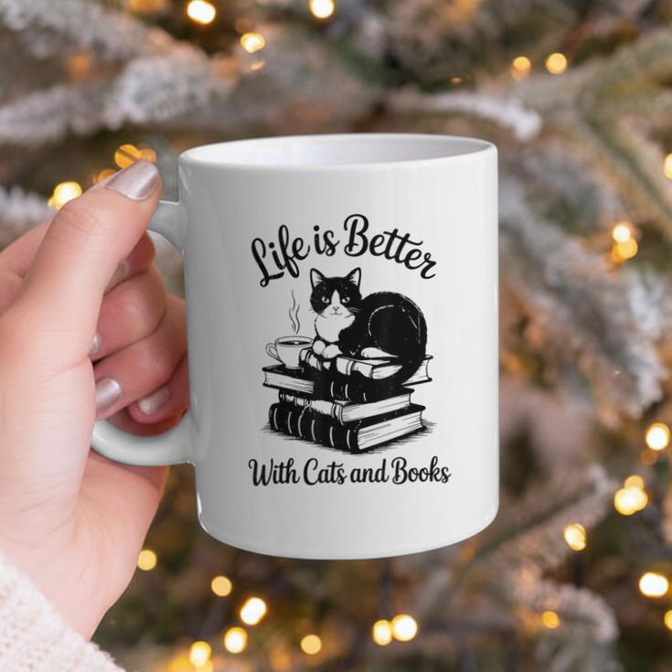 Life Is Better With Cats & Books Tuxedo Cat Mom Women Graphic Print Coffee Mug