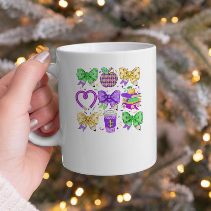 Mardi Gras Teacher Coquette Bow Pencil Apple Book Women Girl Graphic Print Coffee Mug