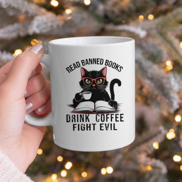 Read Banned Books Drink Coffee Fight Evil Retro Cat Graphic Print Coffee Mug