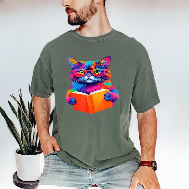 Cat Book Shirt Colorful Cat Reading Book Men's Comfort Colors T-Shirt