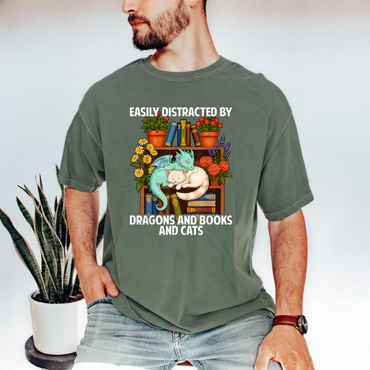 Easily Distracted By Dragons Books Cats Fantasy Book Lover Men's Comfort Colors T-Shirt