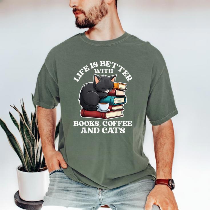 Life Is Better With Books Cats & Coffee Librarian Book Lover Men's Comfort Colors T-Shirt