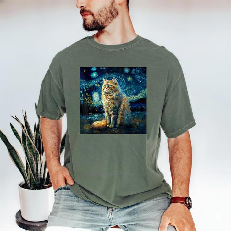 Van Gogh Starry Night Cat For Cat Lover Cat Mom And Cat Dad Men's Comfort Colors T-Shirt