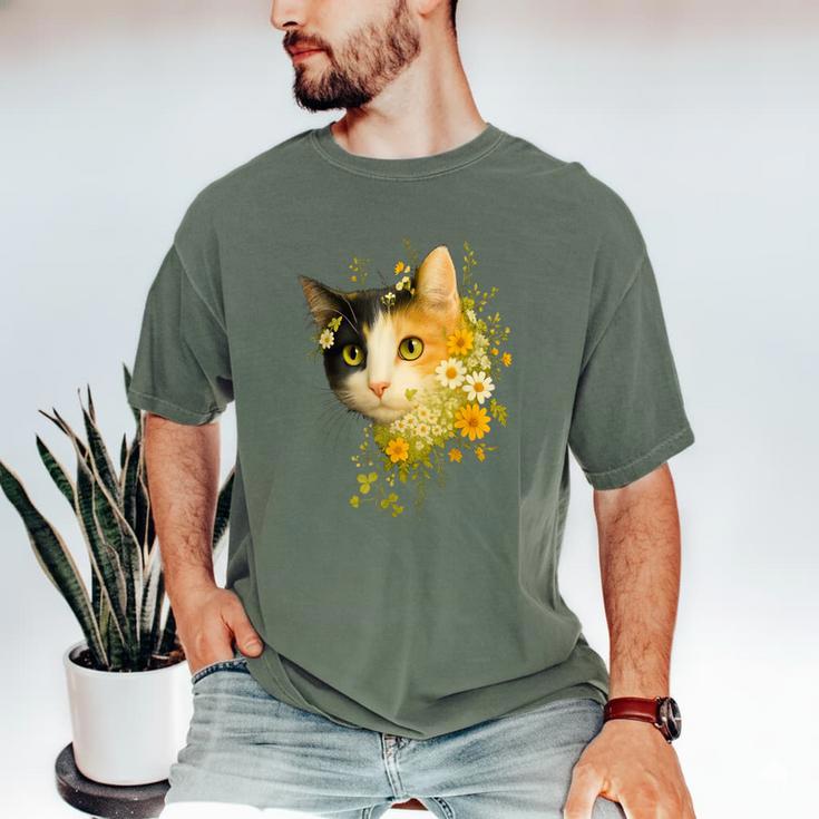 Calico Cat With Flowers For Mom Dad Women Men Kids Botanical Men's Comfort Colors T-Shirt