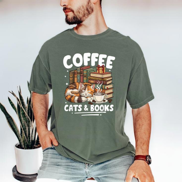 Coffee Cats And Books Cats And Reading Lovers Men's Comfort Colors T-Shirt