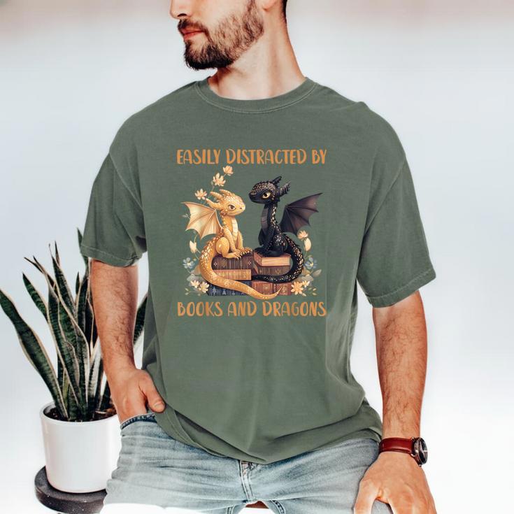 Easily Distracted By Books & Dragons Librarian Book Lover Men's Comfort Colors T-Shirt Easily Distracted By Books & Dragons Librarian Book Lover Men's Comfort Colors T-Shirt