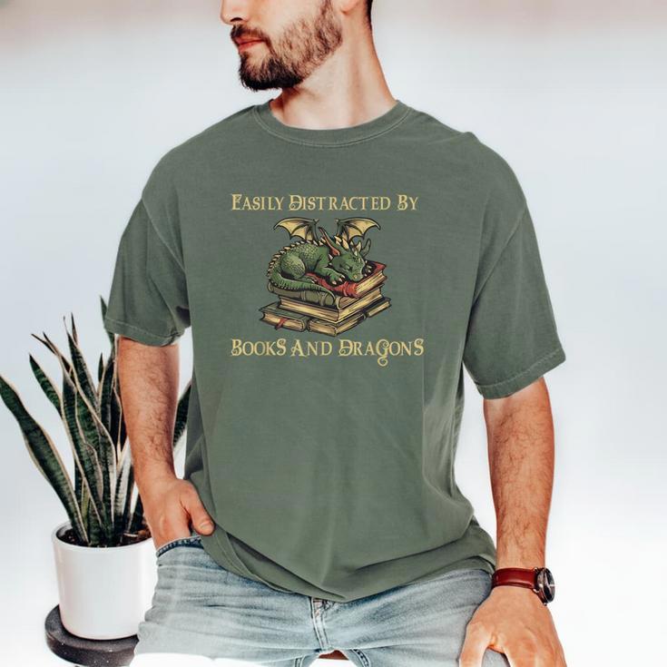 Easily Distracted By Books And Dragons Graphic Men's Comfort Colors T-Shirt Easily Distracted By Books And Dragons Graphic Men's Comfort Colors T-Shirt