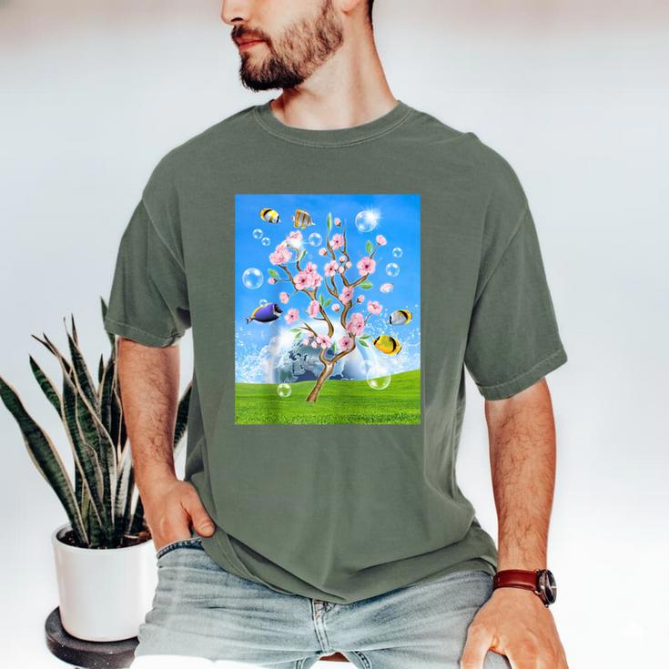 Frutiger Aero Aesthetic Tech Cherry Blossom Fishes Bubbles Raglan Baseball Tee Men's Comfort Colors T-Shirt