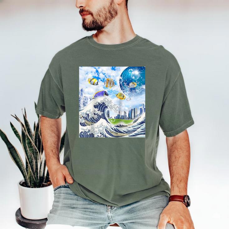 Frutiger Aero Aesthetic Tech Great Wave Of Kanagawa Fishes Raglan Baseball Tee Men's Comfort Colors T-Shirt Frutiger Aero Aesthetic Tech Great Wave Of Kanagawa Fishes Raglan Baseball Tee Men's Comfort Colors T-Shirt