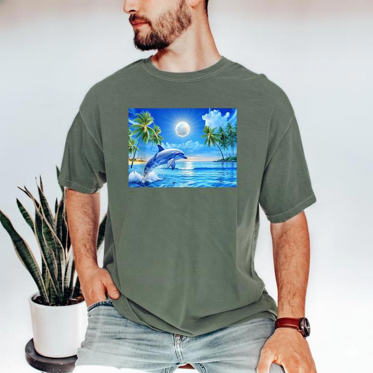 Frutiger Aero Dolphin Sunset Ocean With Palm Trees Y2k Men's Comfort Colors T-Shirt