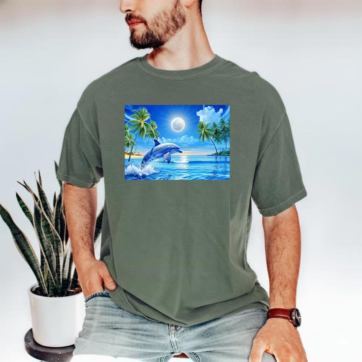 Frutiger Aero Dolphin Sunset Ocean With Palm Trees Y2k Premium Men's Comfort Colors T-Shirt Frutiger Aero Dolphin Sunset Ocean With Palm Trees Y2k Premium Men's Comfort Colors T-Shirt