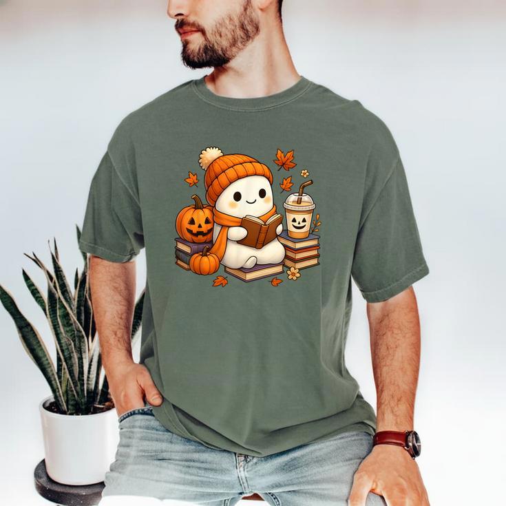 Halloween Ghost Reading Book Lovers Coffee Girl Women Men's Comfort Colors T-Shirt