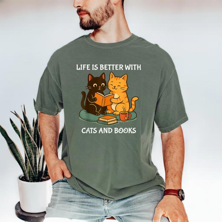 Life Is Better With Cats And Books Cute Cat Lover Men's Comfort Colors T-Shirt