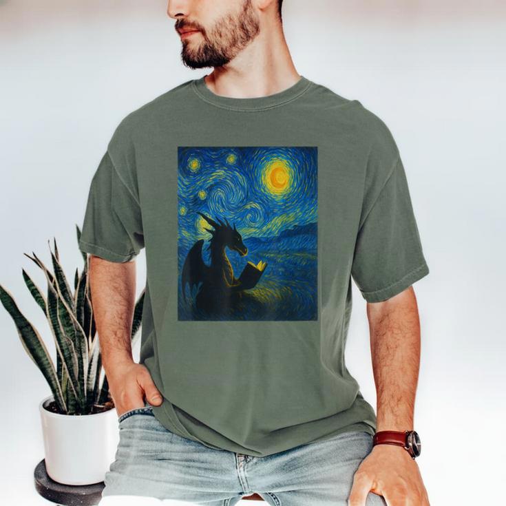 Van Gogh Starry Night Fantasy Reader Dragon Reading Book Men's Comfort Colors T-Shirt