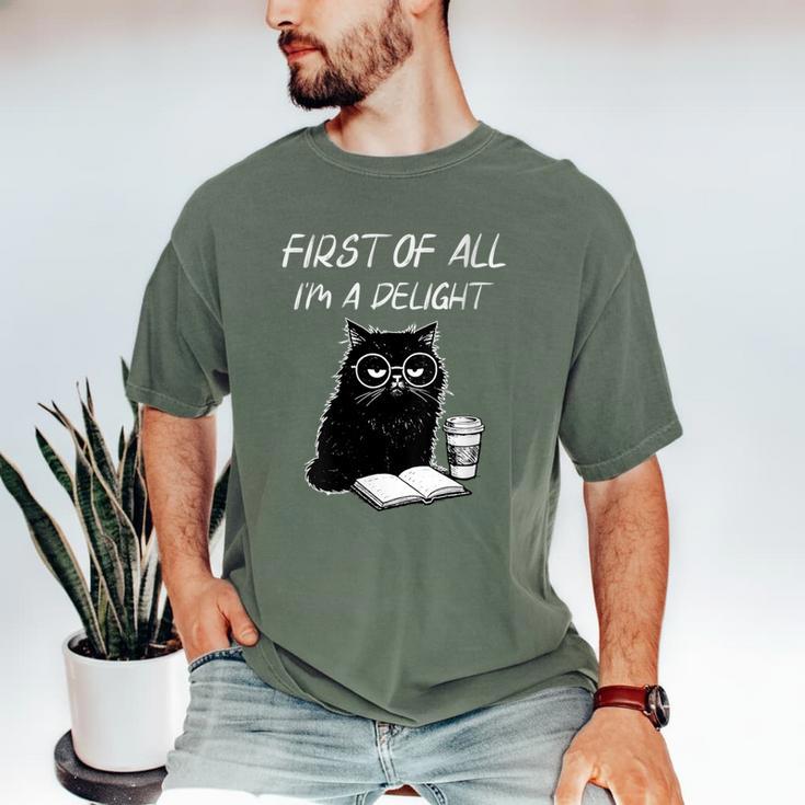 Women's First Of All I’m A Delight Cute Cat Books Coffee Humor Men's Comfort Colors T-Shirt