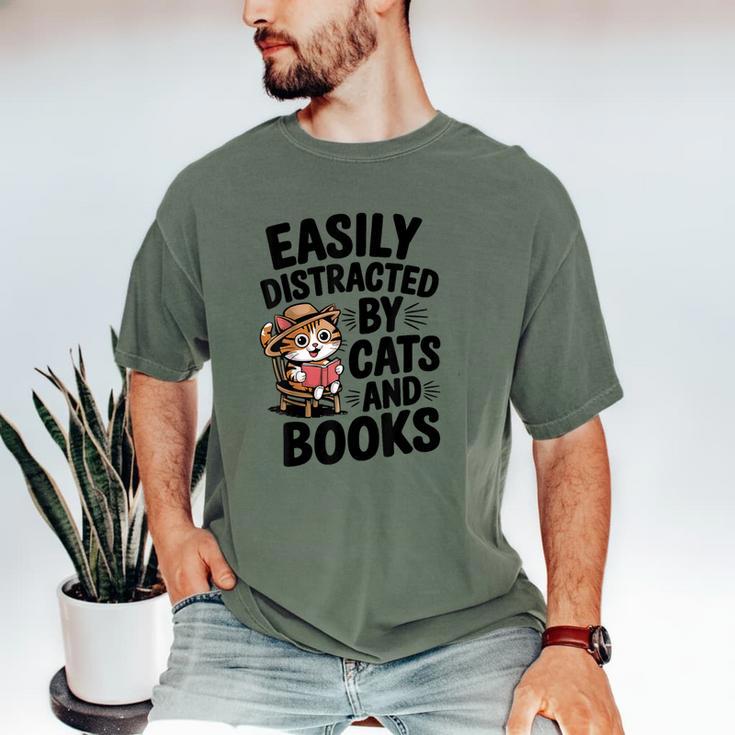 Easily Distracted By Cats And Books Lovers Reading Men's Comfort Colors T-Shirt