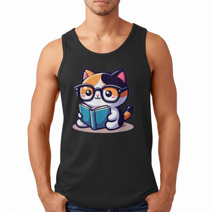 Adorable Book Lover Calico Cat With Reading Glasses Cute For Men Women Kids Men Tank Top