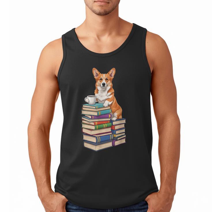Bookworm Corgi Reading Books Drinking Coffee Dog Lover Men Tank Top