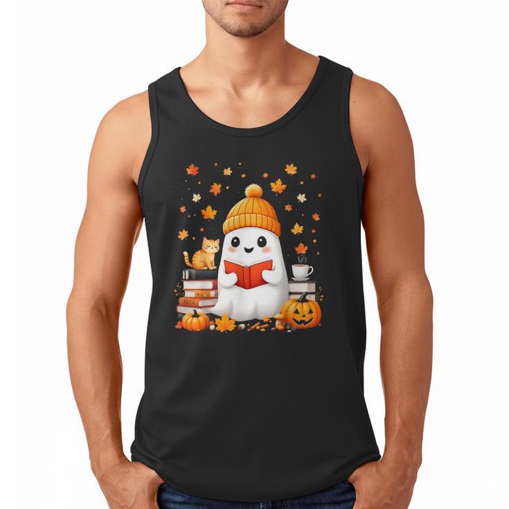 Cute Beanie Ghost Bookworm Cozy Book Reading Halloween Men Tank Top