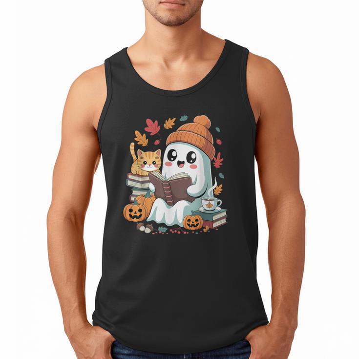 Cute Cozy Ghost Reading With Cat Book Lover Autumn Fall Men Tank Top