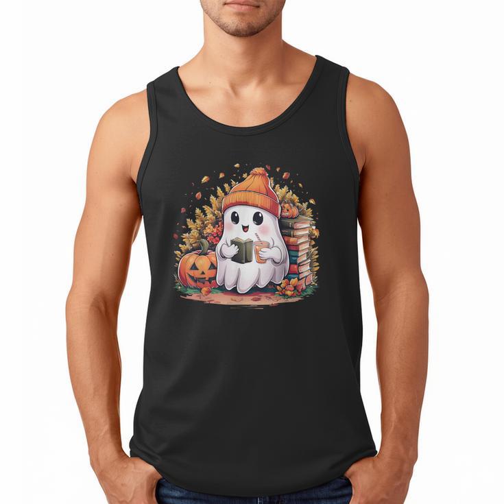 Cute Ghost Drinking Coffee Halloween Reading Book Retro Men Tank Top