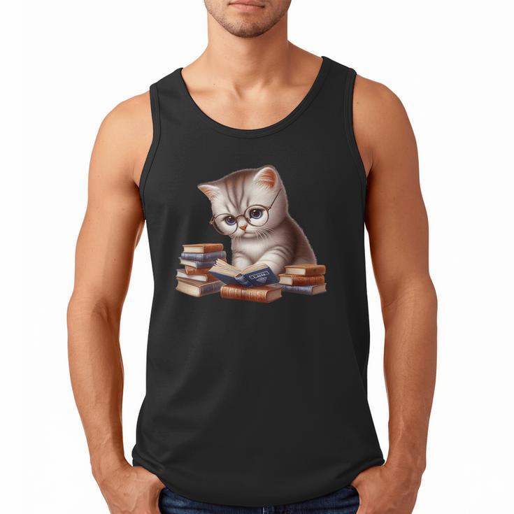 Cute Kitten Bookworm Adorable Cat With Glasses Reading Book Men Tank Top